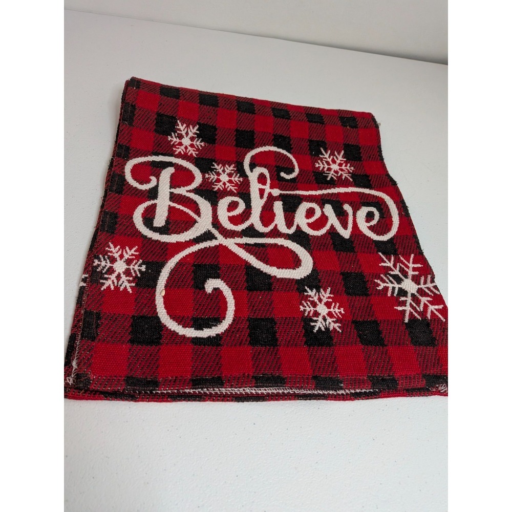 Christmas Believe Table Runner Snow Flakes Red Black Plaid 52" Long Farmhouse